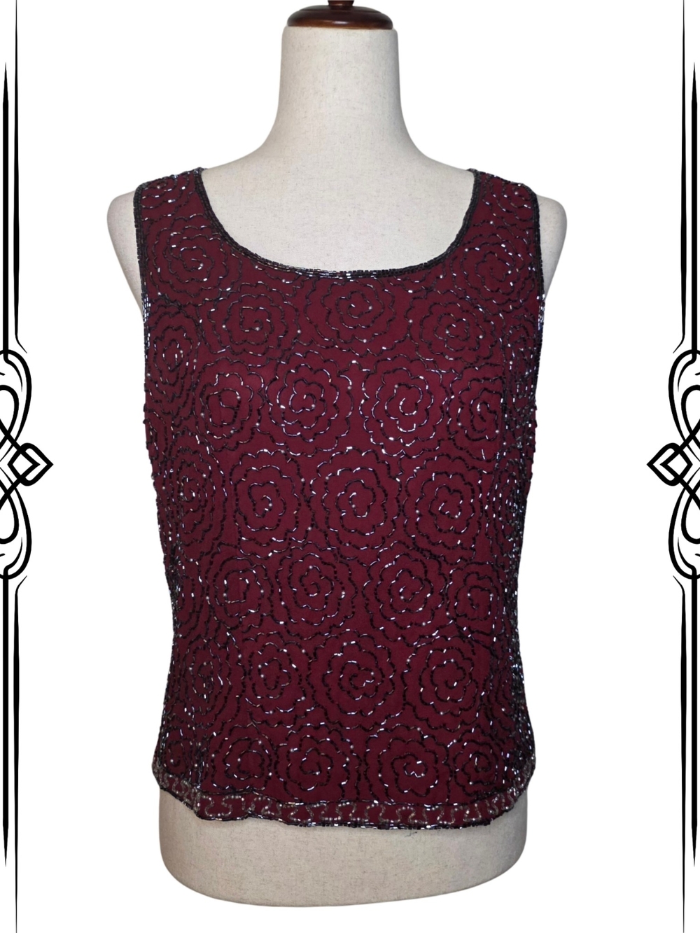 Marina by Marina Bresler Burgundy & Black Beaded Embellished Sleeveless Top